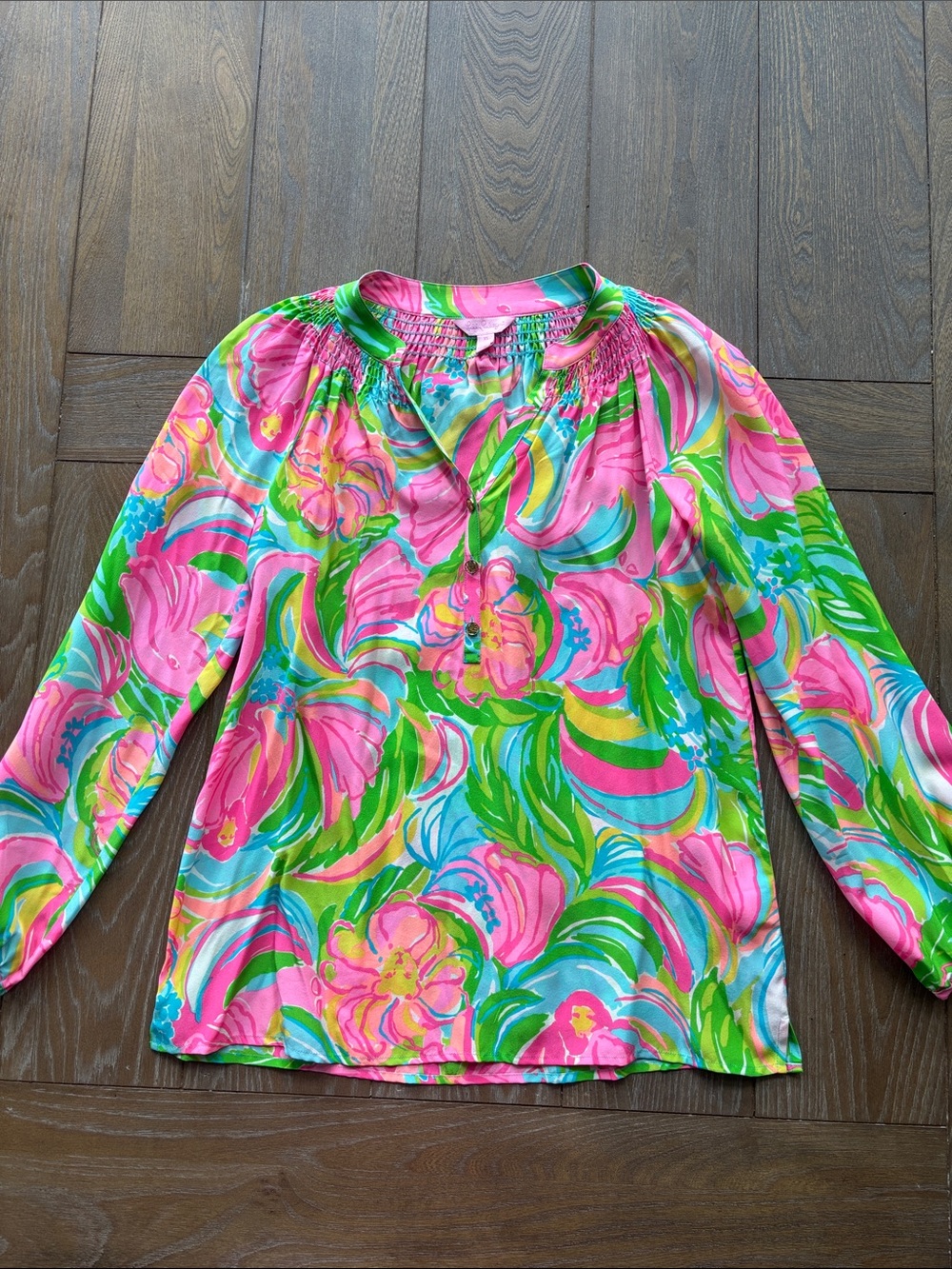 Lilly Pulitzer Pink, Green & Blue Floral Smocked-Neck Blouse